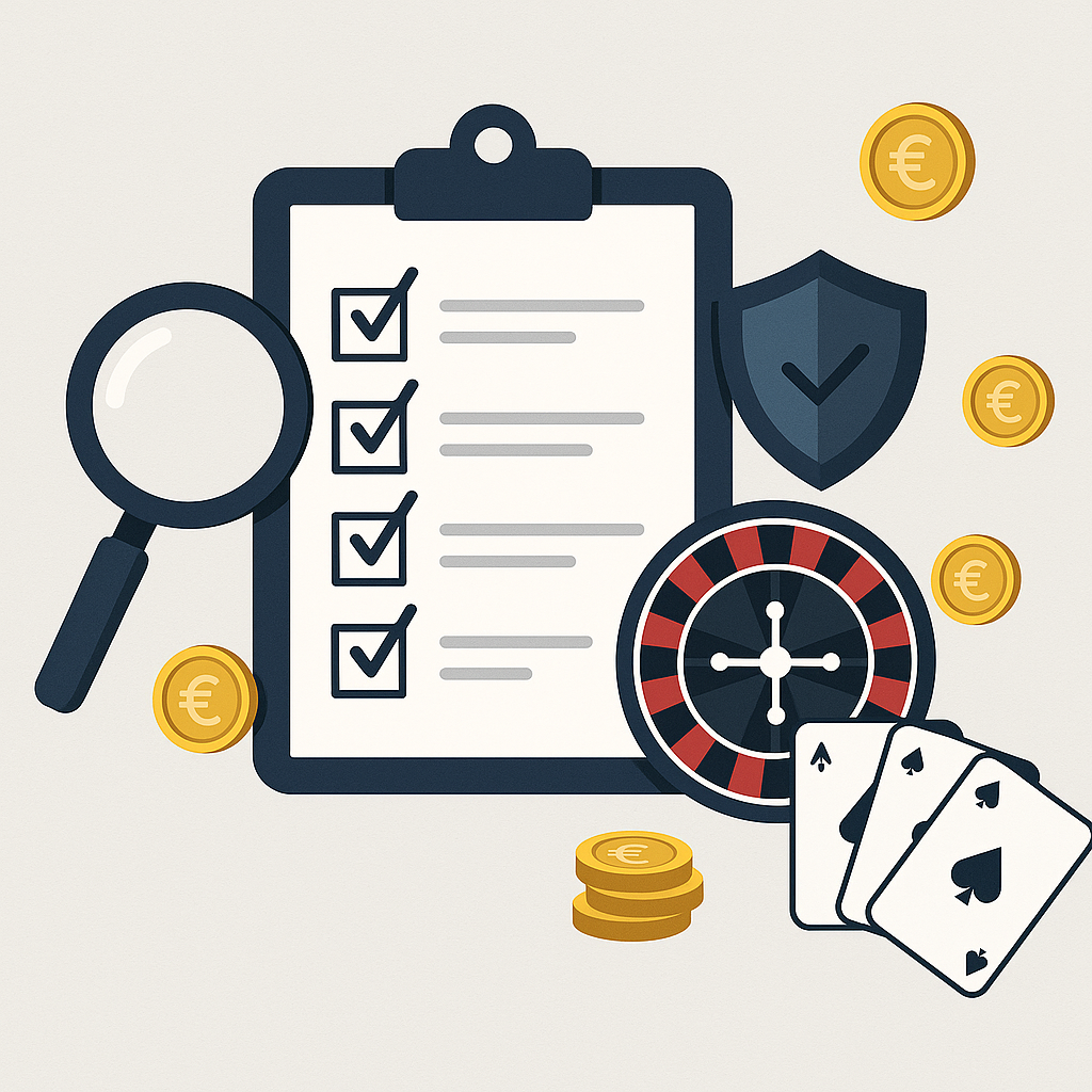 Ilustrație cu clipboard, lupă, ruletă, cărți de joc, scut de securitate și monede euro – elemente ce reprezintă cum alegem cele mai bune cazinouri online