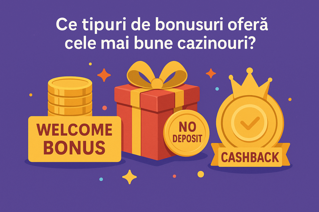 Ilustrație cu monede, cadou, coroană și simboluri bonusuri – reprezentând bonusuri de bun venit, fără depunere și cashback la cazinouri online
